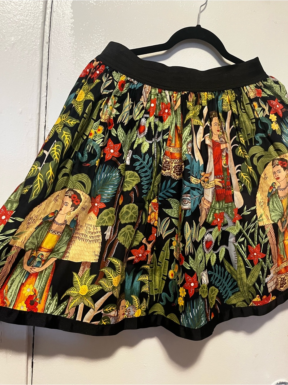 Black Tropical Print Full Skirt with Red & Green Accents